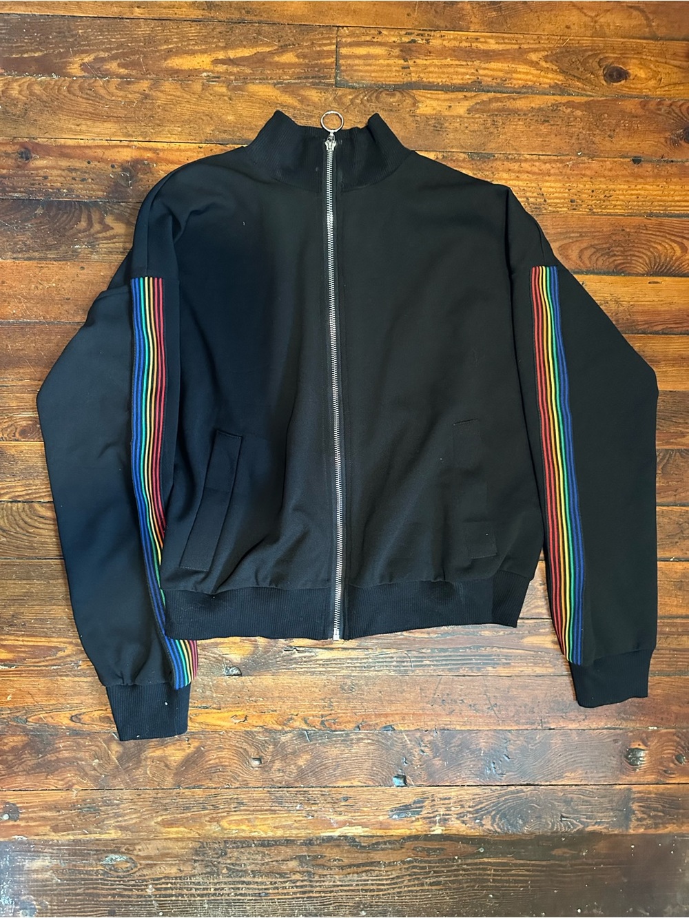 Black Zip-Up Bomber Jacket with Rainbow Sleeve Stripes